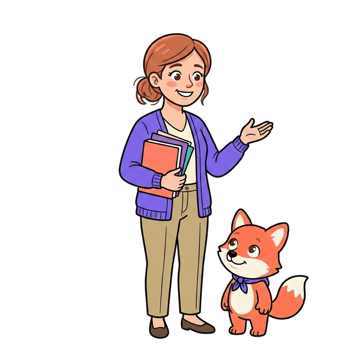 Illustratie van Juf Lotte met het vosje-mascotte naast haar