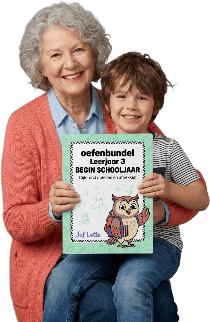 Grootouder en kleinkind met een Juf Lotte oefenbundel