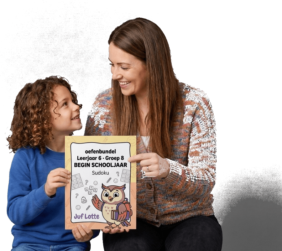 Leerkracht helpt een leerling aan de bank met een oefenblad