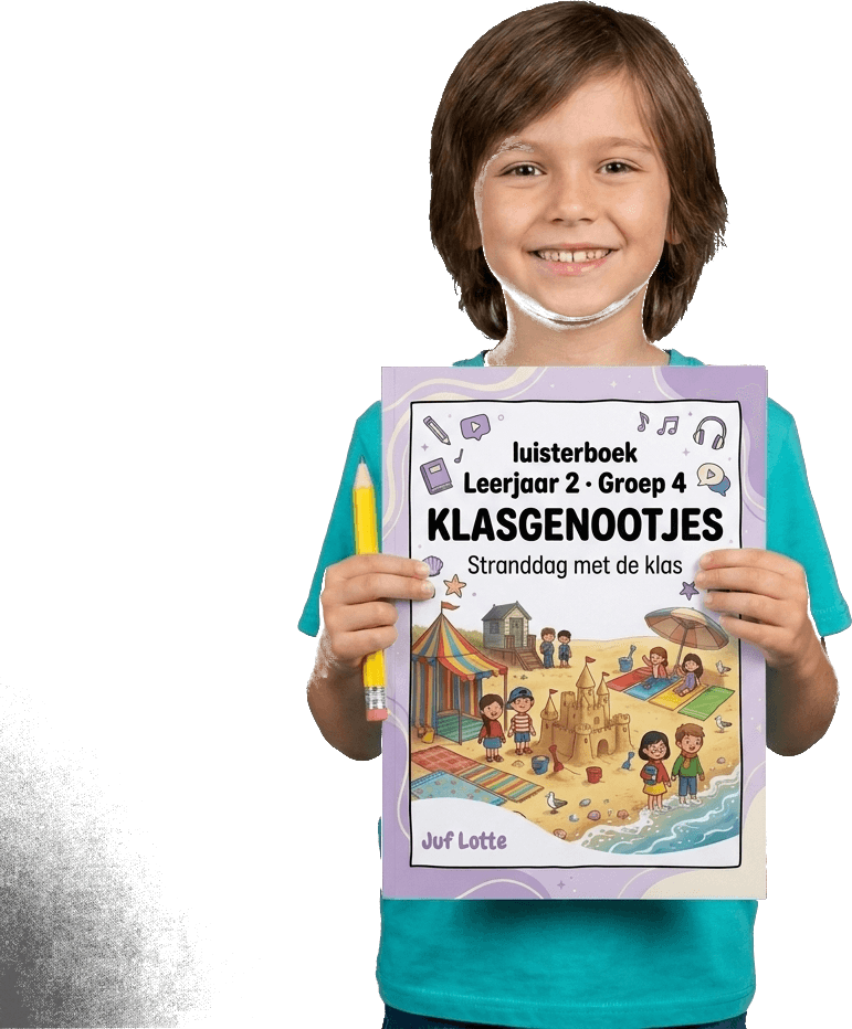 Kind toont trots een ingevuld werkblad met een potlood in de hand