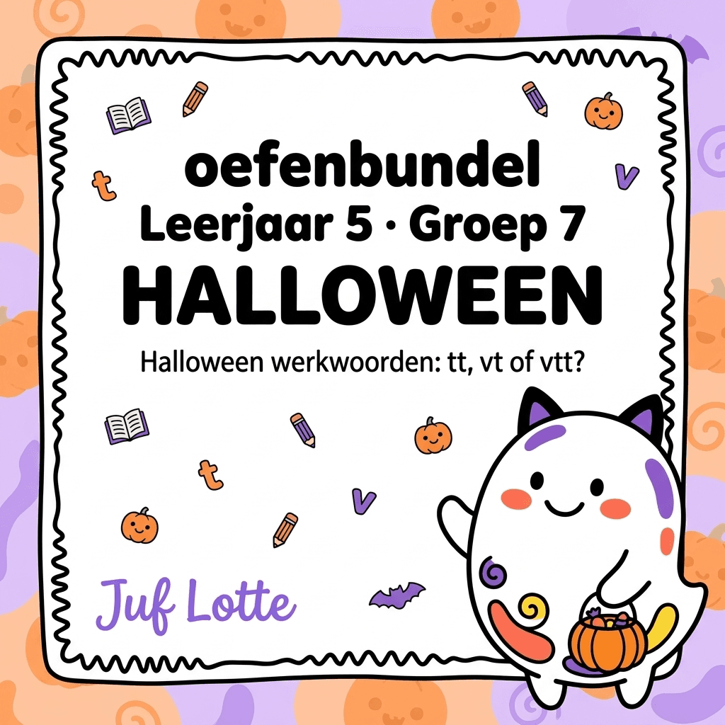 Voorbeeldpagina van de bundel Halloween werkwoorden: tt, vt of vtt?